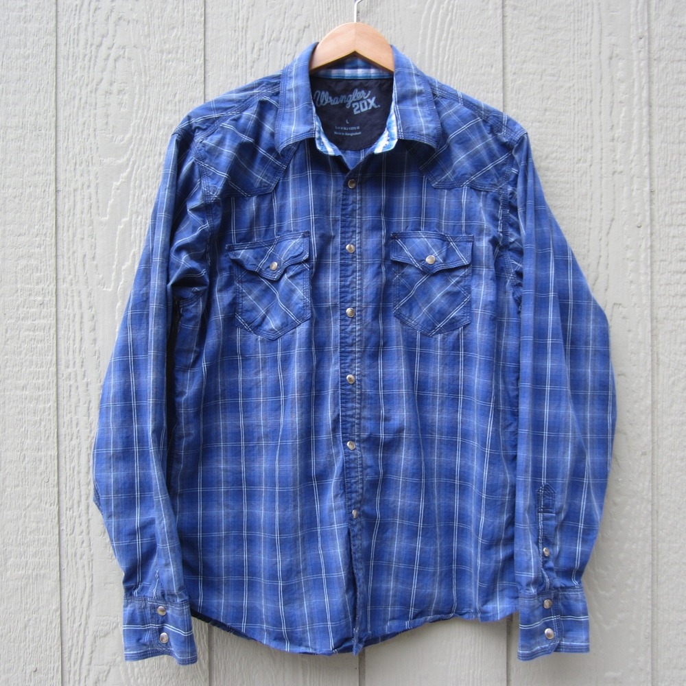 Wrangler 20X Mens Blue Plaid Pearl Snap Western Shirt L MJ1270M Cotton